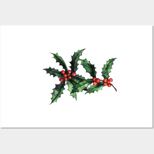 Watercolor Christmas branch of holly Posters and Art